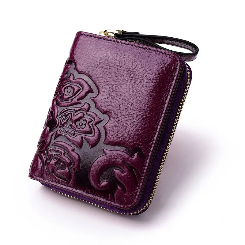 Short Genuine Leather Wallet Women Mini Real Leather Purse Floral Women Wallets Card Holder Female Purses