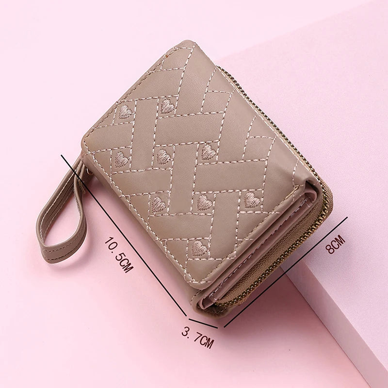 Women's Wallet Tri Fold Card Bag PU Multi Objects Pocket Short Fashion Embroidered Love Pattern Korean Minimalist New 2023