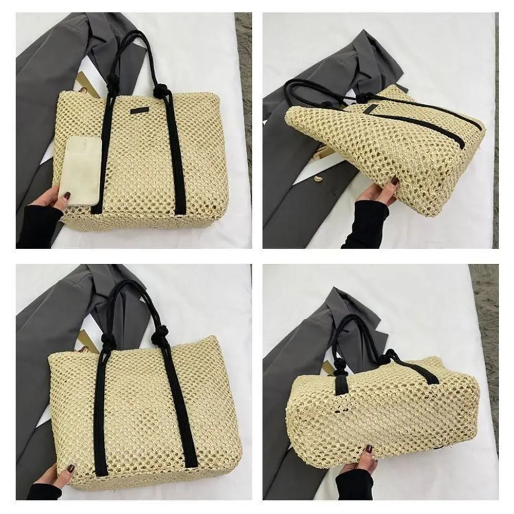 Handmade Straw Woven Bags Large Capacity Solid Color Shopping Tote Bag Portable Zipper Closure Weaving Underarm Bags Outing