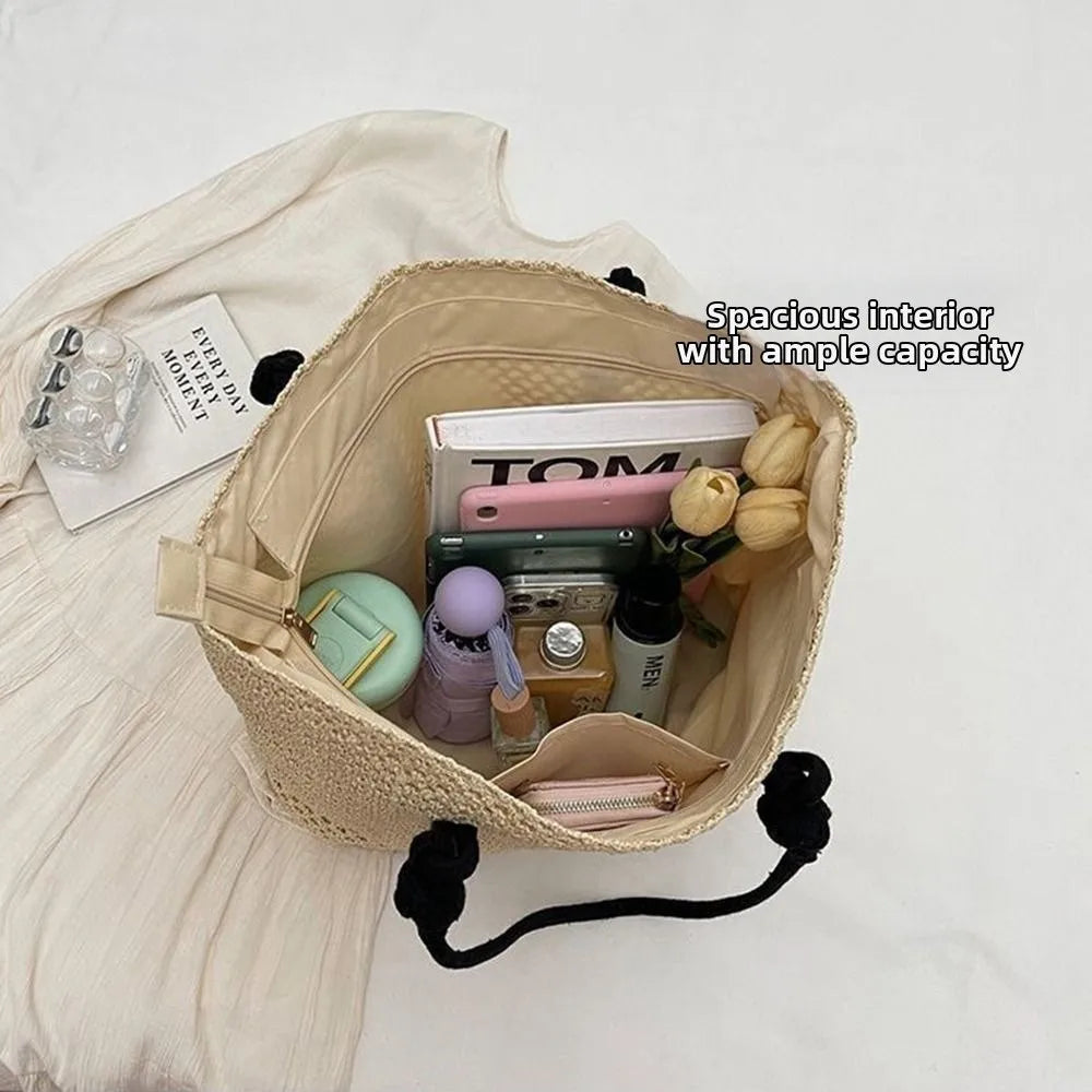 Handmade Straw Woven Bags Large Capacity Solid Color Shopping Tote Bag Portable Zipper Closure Weaving Underarm Bags Outing