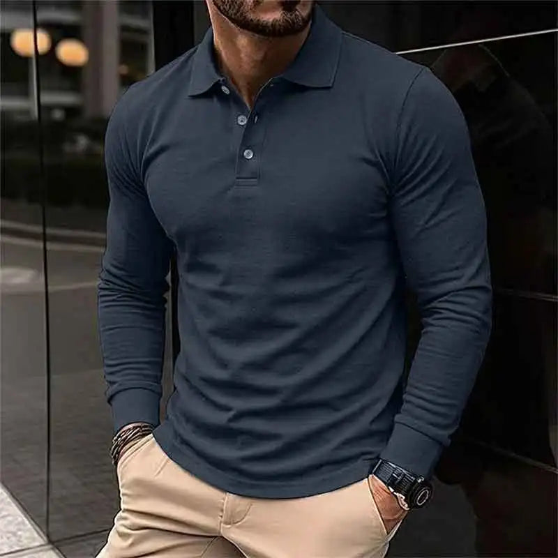 Men's Long Sleeve Henry Polo Shirts Spring Autumn Smart Casual Breathable Comfortable Polo Shirt Solid High Quality Male T-Shirt