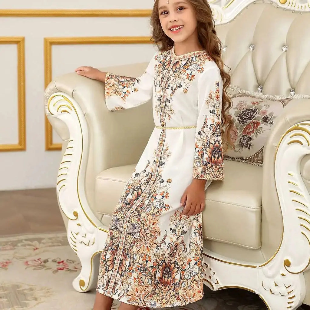 Children's Clothing Arabian Turkish Robes Girls Long Sleeve Floral Dress For Kids Muslim Festive Formal Ceremony Banquet Dress