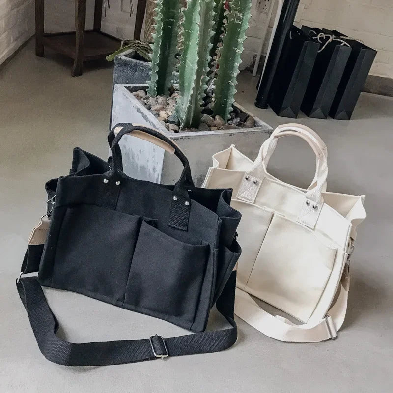 Boutique De FGG Stylish Handbags Canvas Large Women Casual Shoulder Bags with Handle Versatile Ladies Satchels Crossbody Bags