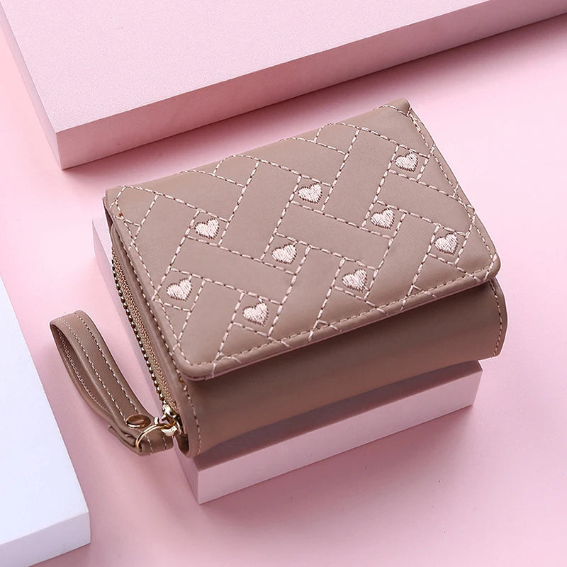 Women's Wallet Tri Fold Card Bag PU Multi Objects Pocket Short Fashion Embroidered Love Pattern Korean Minimalist New 2023
