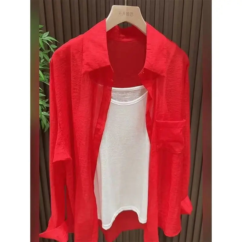 Women's Red Polo Collar Long Sleeve Sun Protection Shirt French Style Lazy Casual Versatile Slim Fit Blouse Spring Autumn Tops