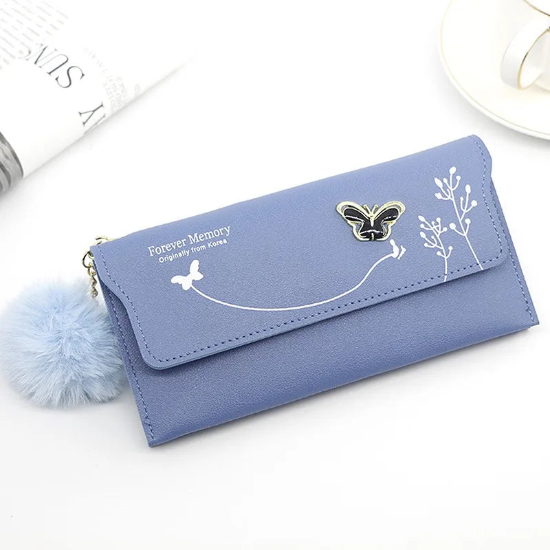 Fashionable New Women Long Wallets Pure Color Butterfly Wool Ball Bow Clutch Bag Women's Long Bag Card Bag Coin Purse Money Bag