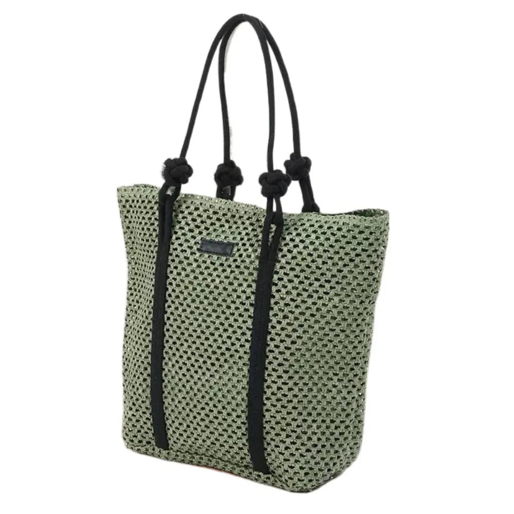 Handmade Straw Woven Bags Large Capacity Solid Color Shopping Tote Bag Portable Zipper Closure Weaving Underarm Bags Outing