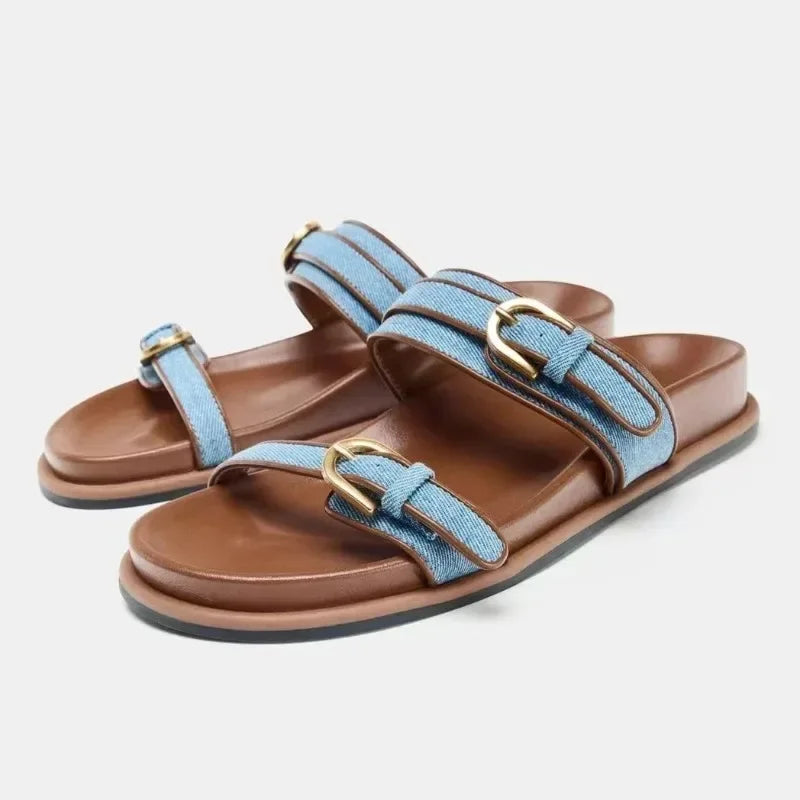 Summer Women's Platform Slippers Flat Shoes with Metal Buckle Decor Comfortable Non Slip Narrow Band Casual Shoes