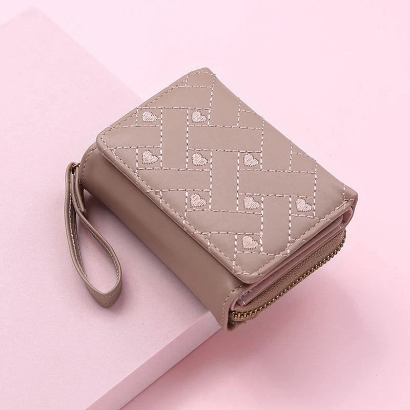 Women's Wallet Tri Fold Card Bag PU Multi Objects Pocket Short Fashion Embroidered Love Pattern Korean Minimalist New 2023