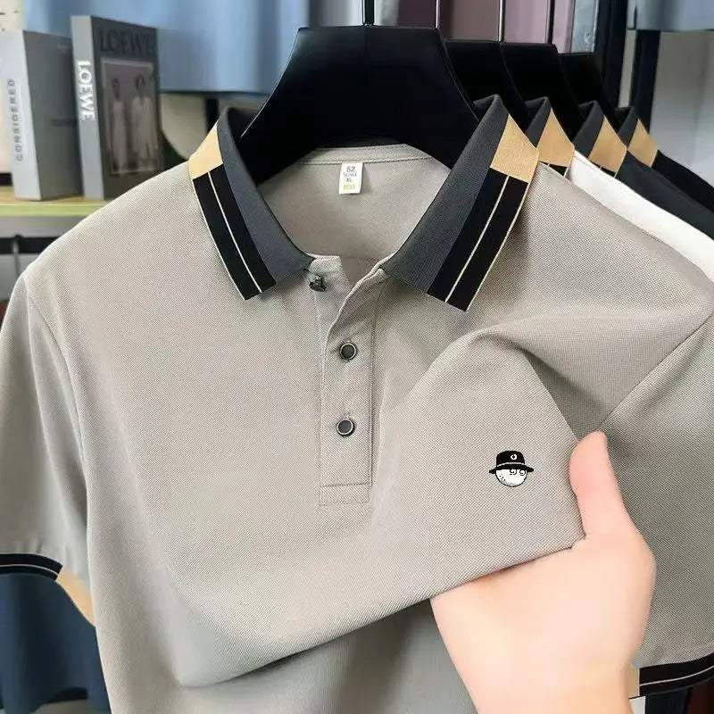 Luxury Man Short-Sleeved Polo Shirt Lapel Button Color Blocking Pattern Printing New Golf T-Shirt Business Casual Men's Clothing