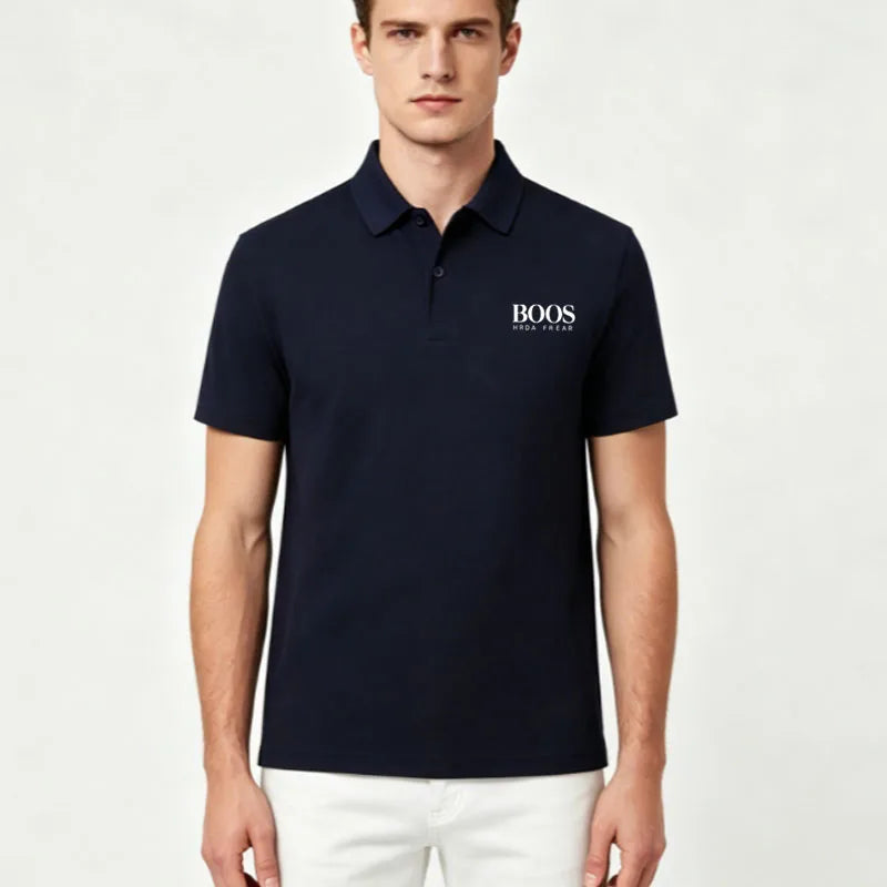 Men's Classic Letter Print Polo Shirt Breathable Lapel Short Sleeve Solid Color Business Casual Golf Workwear Top Daily T-Shirt