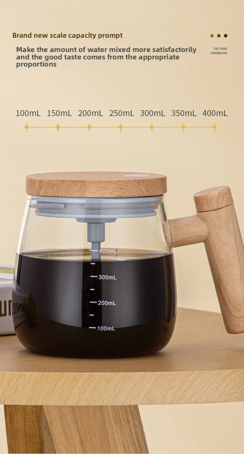 Self-stirring Coffee Cup Portable Electric Self Mixing Mug with Wooden Handle for Coffee Milk Rechargeable Automatic Glass Cup