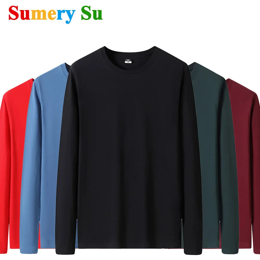 Cotton T Shirts Men Long Fashion 2025 O-Neck Slim Male Casual Autumn Solid Color Tee Shirt 12 Colors Plus Size M-6XL Wholesale