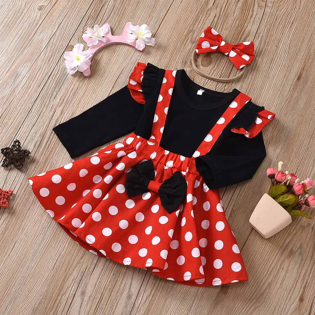 1-5 Years Children Outfit Baby Clothing Set Girl Summer Birthday Costume Kids Dots Tops Skirt Cosplay Dress with Headband
