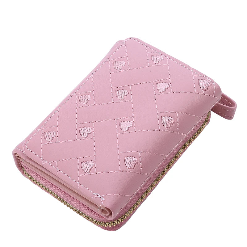 Women's Wallet Tri Fold Card Bag PU Multi Objects Pocket Short Fashion Embroidered Love Pattern Korean Minimalist New 2023