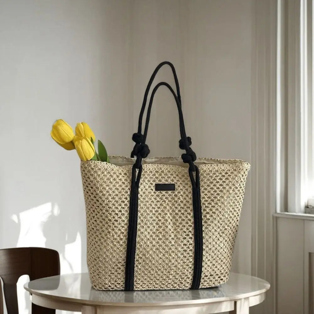 Handmade Straw Woven Bags Large Capacity Solid Color Shopping Tote Bag Portable Zipper Closure Weaving Underarm Bags Outing