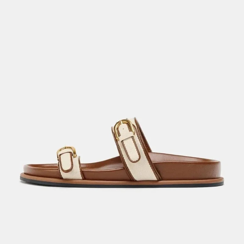 Summer Women's Platform Slippers Flat Shoes with Metal Buckle Decor Comfortable Non Slip Narrow Band Casual Shoes