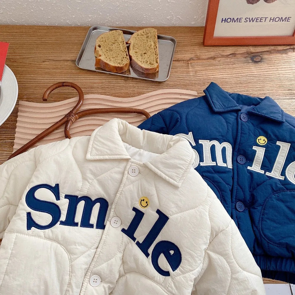Winter Children's Clothing Baby Boys Smile Jacket Coats Kids Cotton Clothes Toddler Girls Lapel Outerwear Embroidery Tops 0-6Yrs