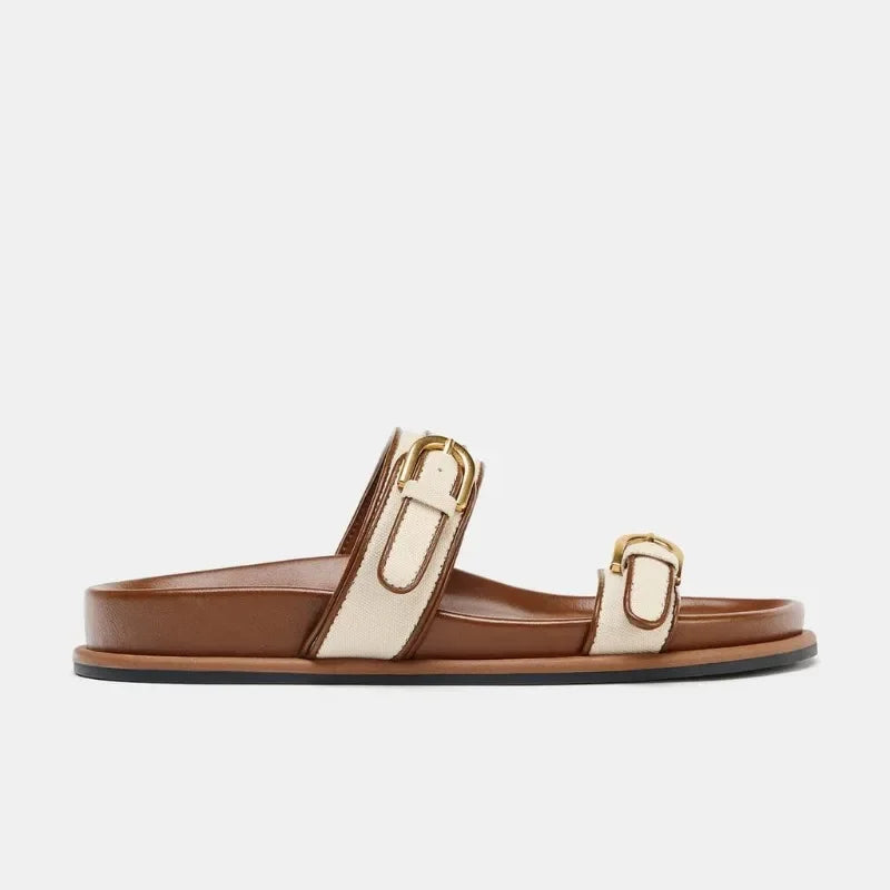 Summer Women's Platform Slippers Flat Shoes with Metal Buckle Decor Comfortable Non Slip Narrow Band Casual Shoes