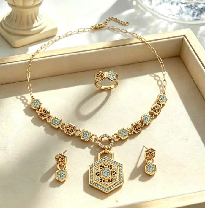Vintage diamond Turquoise Jewelry Set  For Women Gold Pendant Necklace Earrings Ring Trendy Aesthetic Jewelry Accessories