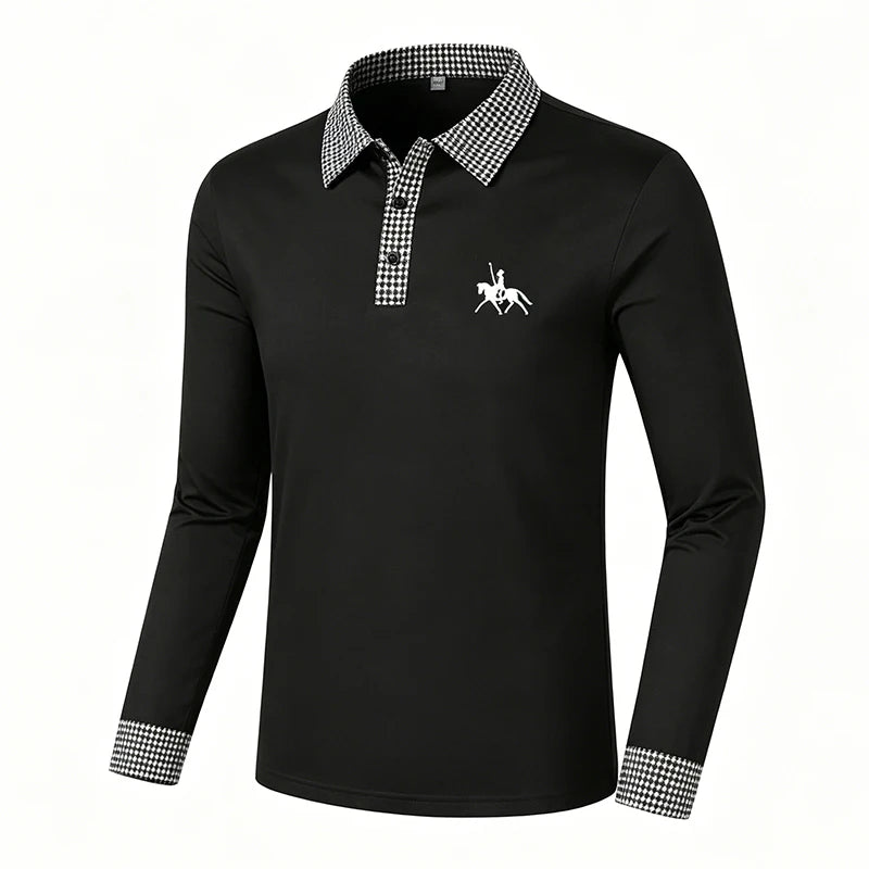 Men Contrast Plaid Lapel Long Sleeve Polo Shirt