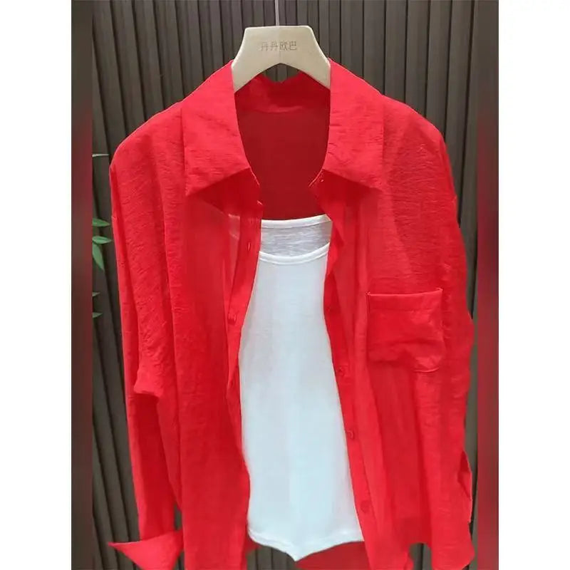 Women's Red Polo Collar Long Sleeve Sun Protection Shirt French Style Lazy Casual Versatile Slim Fit Blouse Spring Autumn Tops