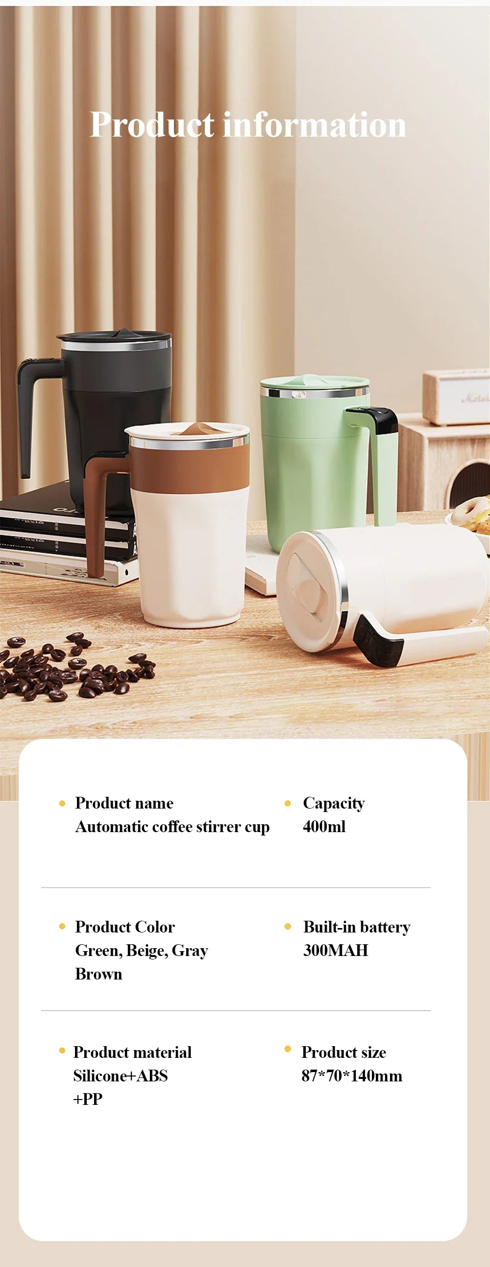 400ML Automatic Stirring Cup USB Rechargeable Electric Self Mixing Coffee Mug Stainless Steel Portable Tea Milk Drinking Cup
