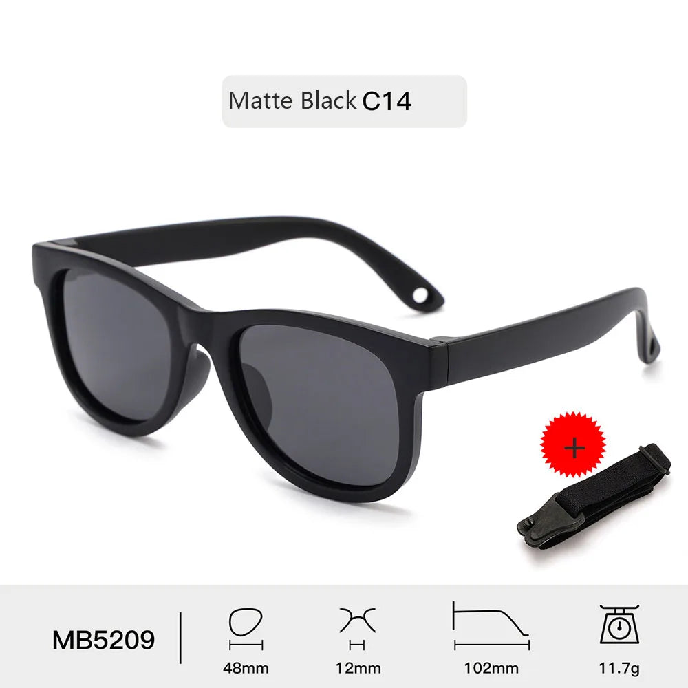 Kids Polarized Sunglasses Bendable Flexible Sunglasses with Strap Children Square Silicone Frame Mirrored UV400 Eyewear