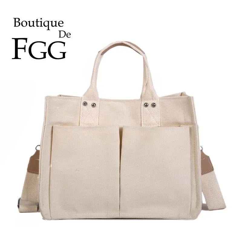 Boutique De FGG Stylish Handbags Canvas Large Women Casual Shoulder Bags with Handle Versatile Ladies Satchels Crossbody Bags
