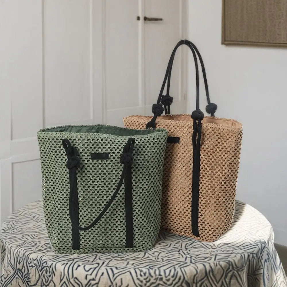 Handmade Straw Woven Bags Large Capacity Solid Color Shopping Tote Bag Portable Zipper Closure Weaving Underarm Bags Outing