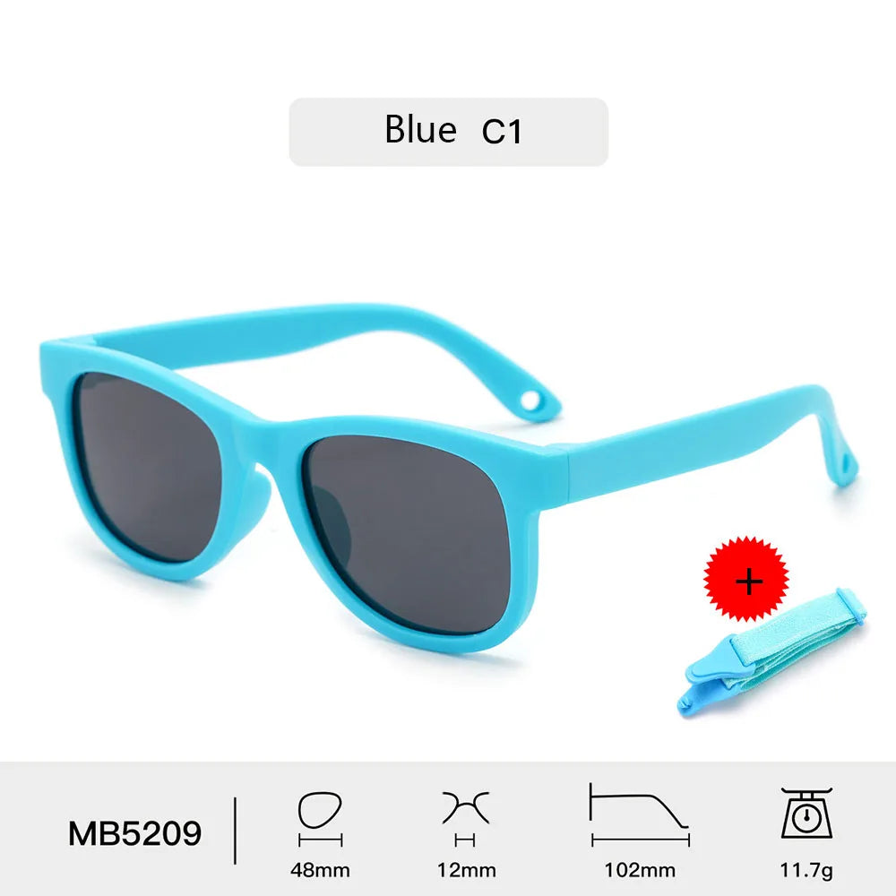 Kids Polarized Sunglasses Bendable Flexible Sunglasses with Strap Children Square Silicone Frame Mirrored UV400 Eyewear