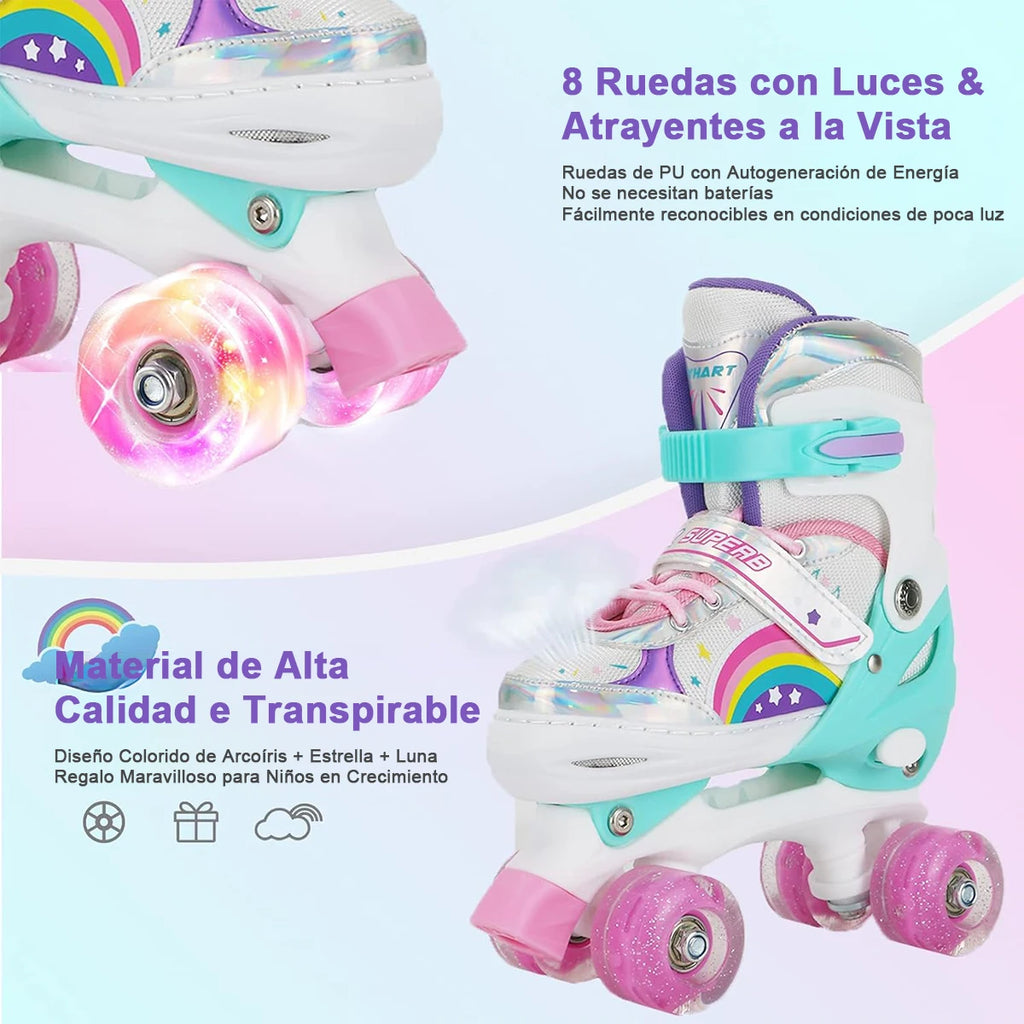 Boys Girls Kids Skates Children Roller Skates Skating Shoes Sliding Adjustable Quad Sneakers PU Flashing 4 Wheels Roller Skates