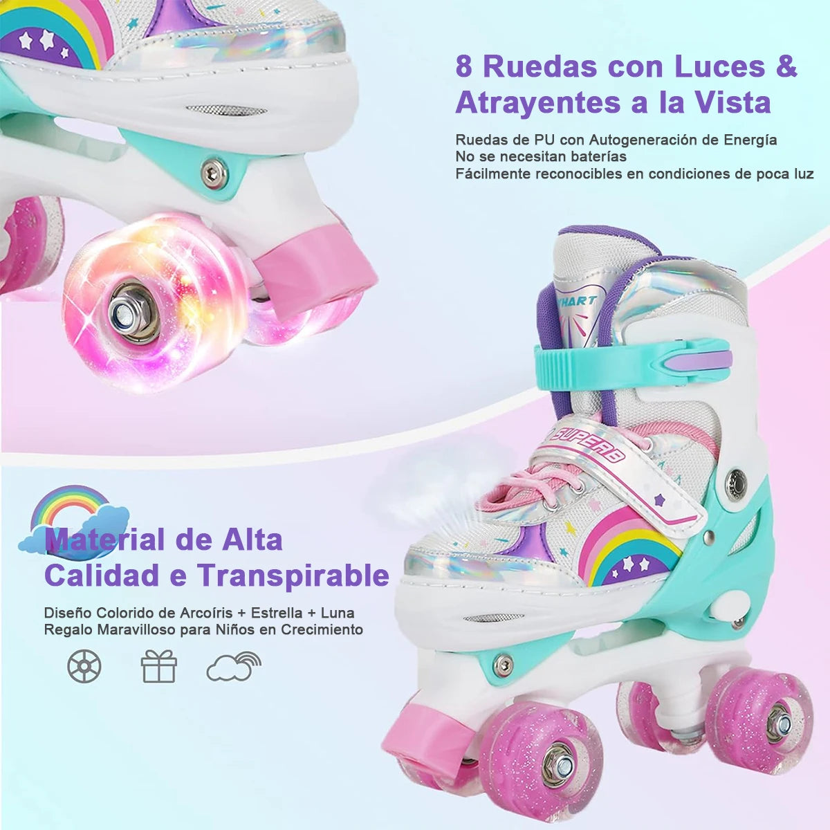 Boys Girls Kids Skates Children Roller Skates Skating Shoes Sliding Adjustable Quad Sneakers PU Flashing 4 Wheels Roller Skates