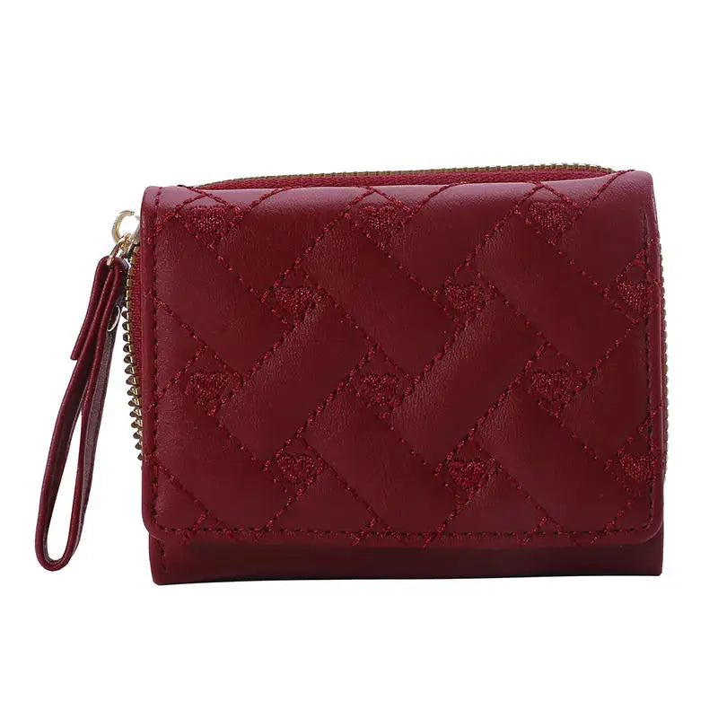 Women's Wallet Tri Fold Card Bag PU Multi Objects Pocket Short Fashion Embroidered Love Pattern Korean Minimalist New 2023