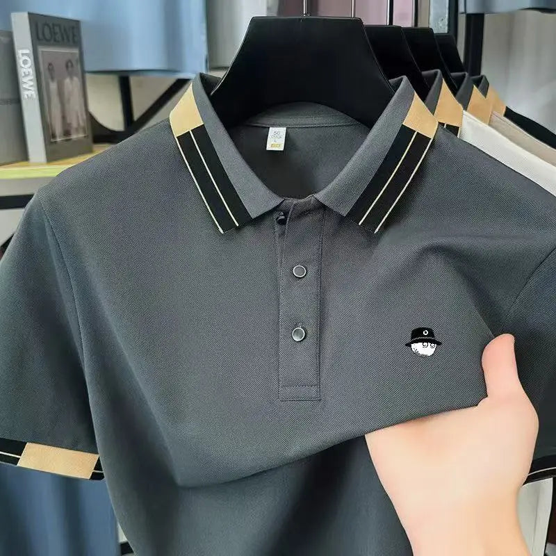 Luxury Man Short-Sleeved Polo Shirt Lapel Button Color Blocking Pattern Printing New Golf T-Shirt Business Casual Men's Clothing