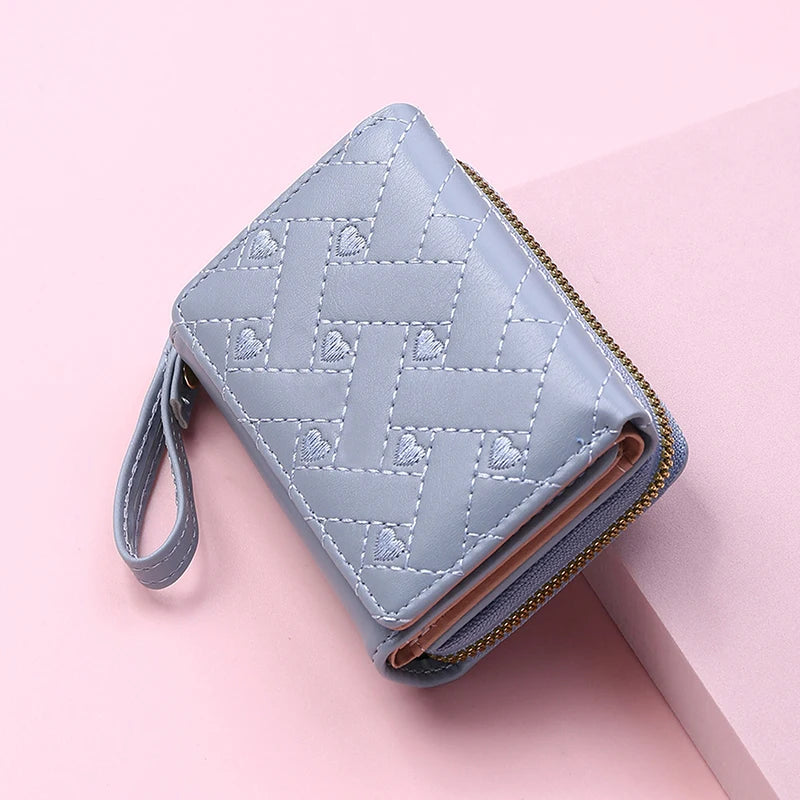 Women's Wallet Tri Fold Card Bag PU Multi Objects Pocket Short Fashion Embroidered Love Pattern Korean Minimalist New 2023