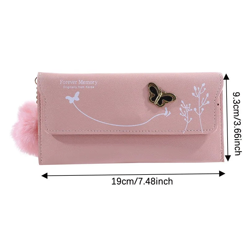 Fashionable New Women Long Wallets Pure Color Butterfly Wool Ball Bow Clutch Bag Women's Long Bag Card Bag Coin Purse Money Bag