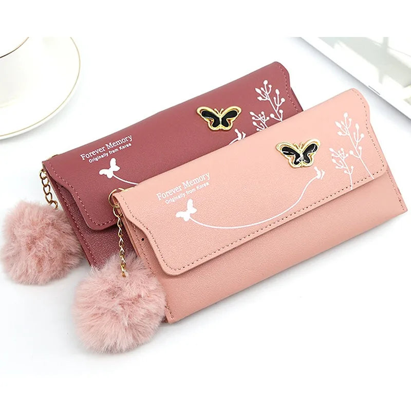 Fashionable New Women Long Wallets Pure Color Butterfly Wool Ball Bow Clutch Bag Women's Long Bag Card Bag Coin Purse Money Bag