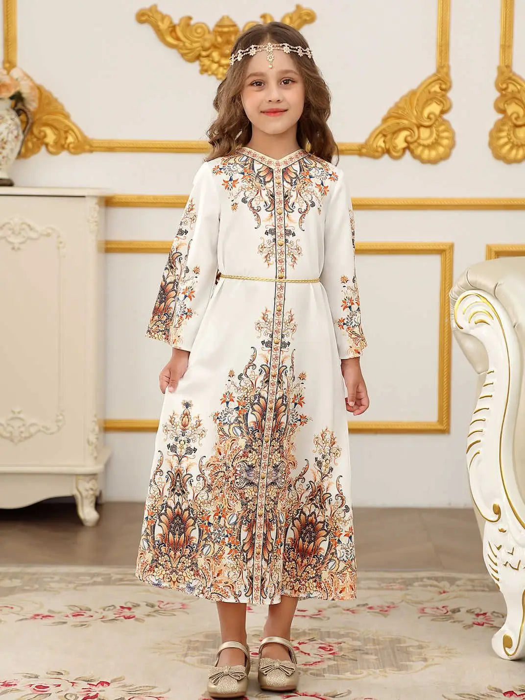 Children's Clothing Arabian Turkish Robes Girls Long Sleeve Floral Dress For Kids Muslim Festive Formal Ceremony Banquet Dress