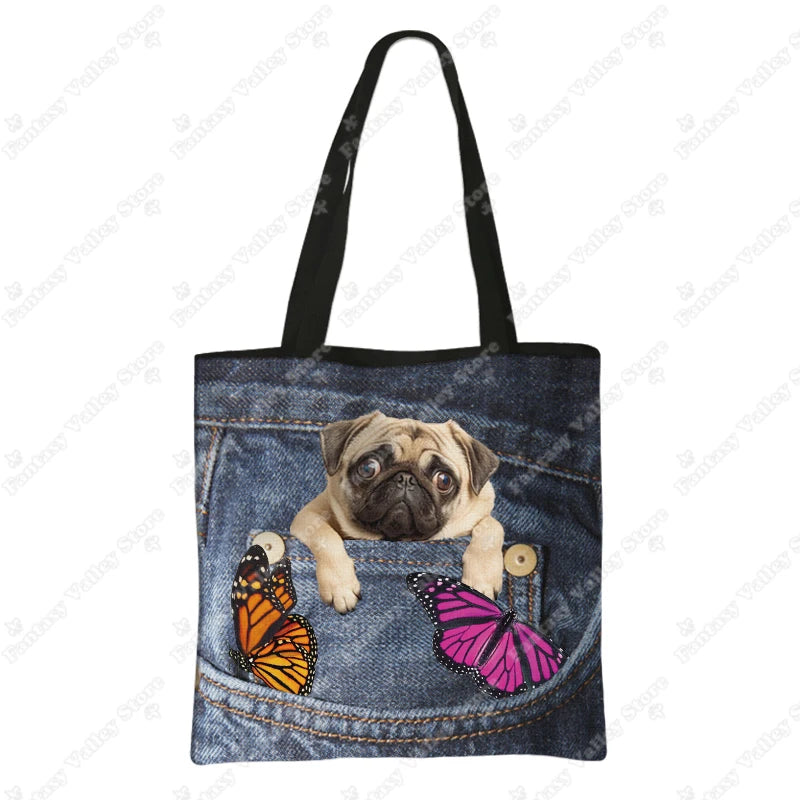 Funny Pocket Dog Shopping Bags Pet Bulldog Dachshund Beagle Schnauzer Dogs Tote Bag Large Capacity Storage Bag Women Handbag
