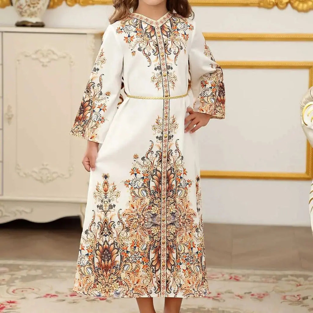 Children's Clothing Arabian Turkish Robes Girls Long Sleeve Floral Dress For Kids Muslim Festive Formal Ceremony Banquet Dress