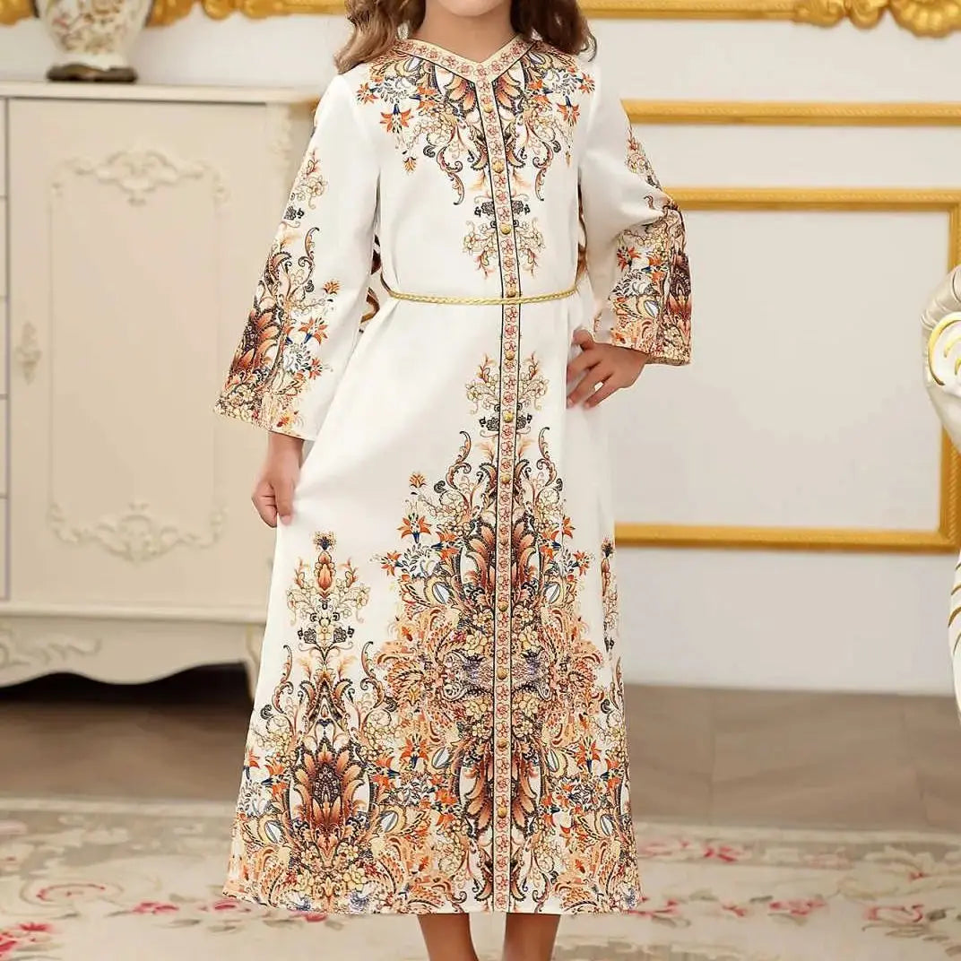 Children's Clothing Arabian Turkish Robes Girls Long Sleeve Floral Dress For Kids Muslim Festive Formal Ceremony Banquet Dress