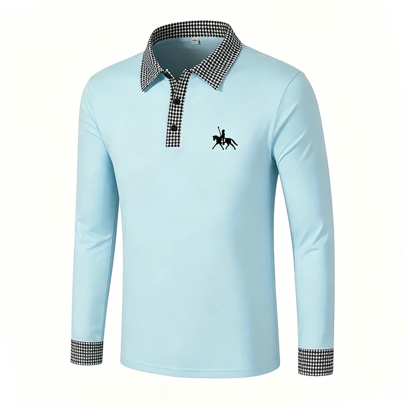 Men Contrast Plaid Lapel Long Sleeve Polo Shirt