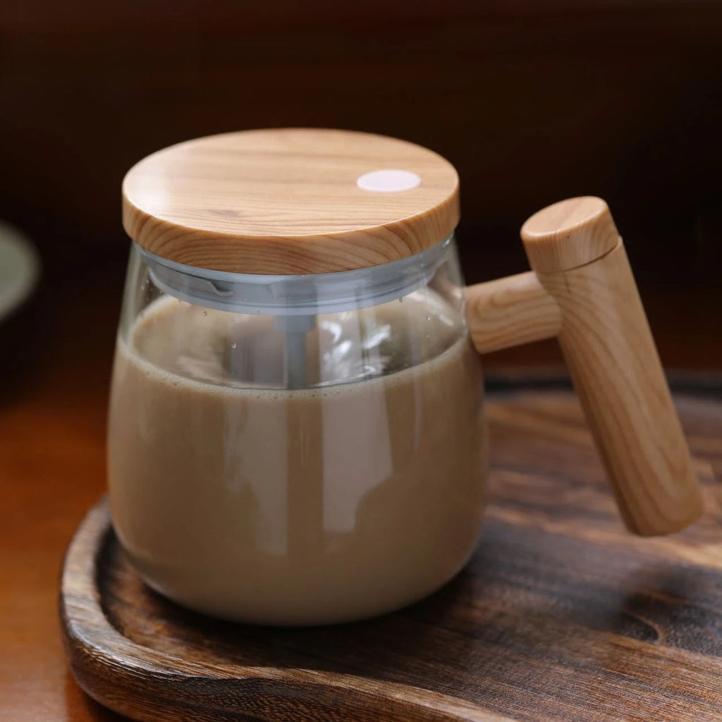 Self-stirring Coffee Cup Portable Electric Self Mixing Mug with Wooden Handle for Coffee Milk Rechargeable Automatic Glass Cup