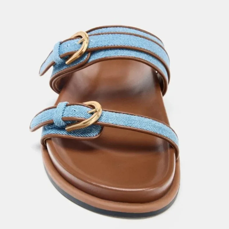 Summer Women's Platform Slippers Flat Shoes with Metal Buckle Decor Comfortable Non Slip Narrow Band Casual Shoes