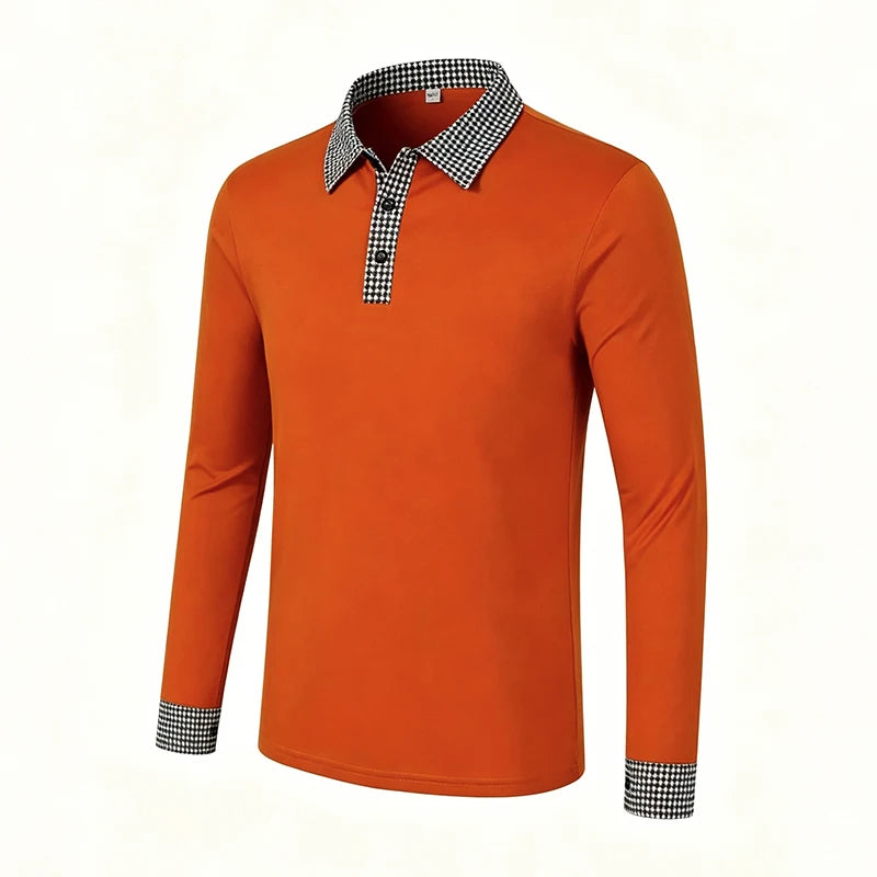 Men Contrast Plaid Lapel Long Sleeve Polo Shirt