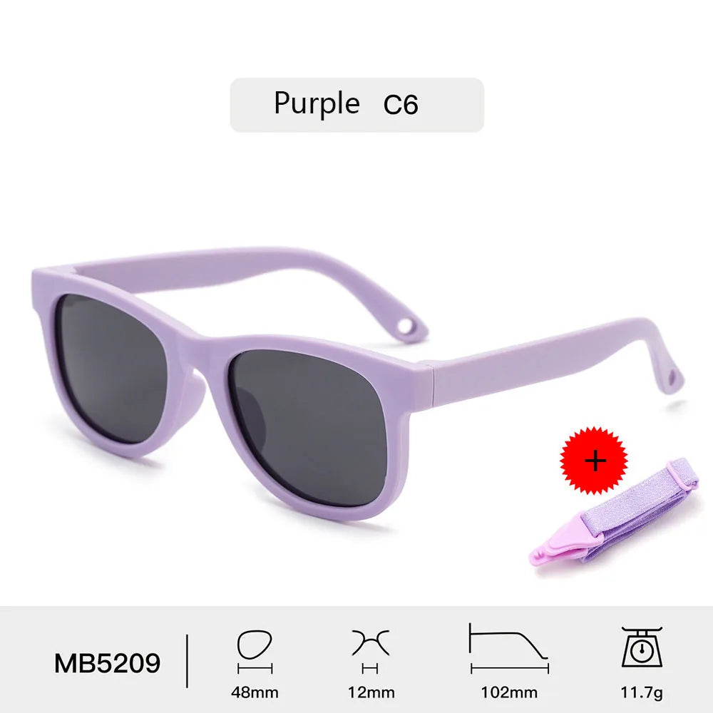 Kids Polarized Sunglasses Bendable Flexible Sunglasses with Strap Children Square Silicone Frame Mirrored UV400 Eyewear