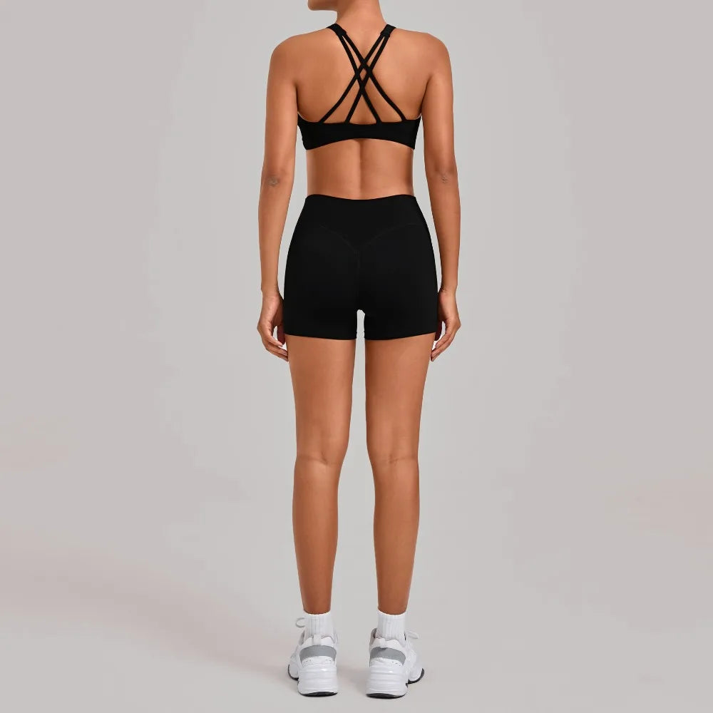 Gym Workout Clothing Detachable Chest Pad Cross Back Vest Yoga Shorts Sets Tight Quick-Dry Fitness Sports Shorts Suits for Women