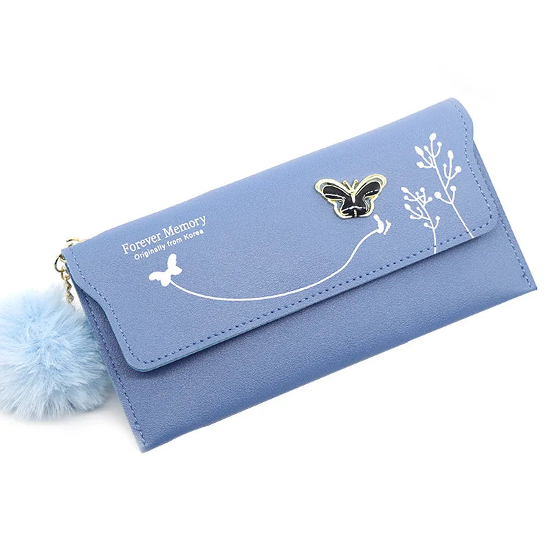 Fashionable New Women Long Wallets Pure Color Butterfly Wool Ball Bow Clutch Bag Women's Long Bag Card Bag Coin Purse Money Bag