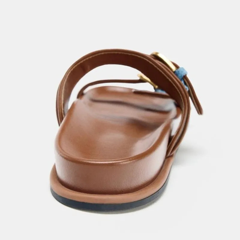 Summer Women's Platform Slippers Flat Shoes with Metal Buckle Decor Comfortable Non Slip Narrow Band Casual Shoes